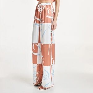 Boho Rust Orange Wide Leg Resortwear Pants Satin Abstract Print Size 12